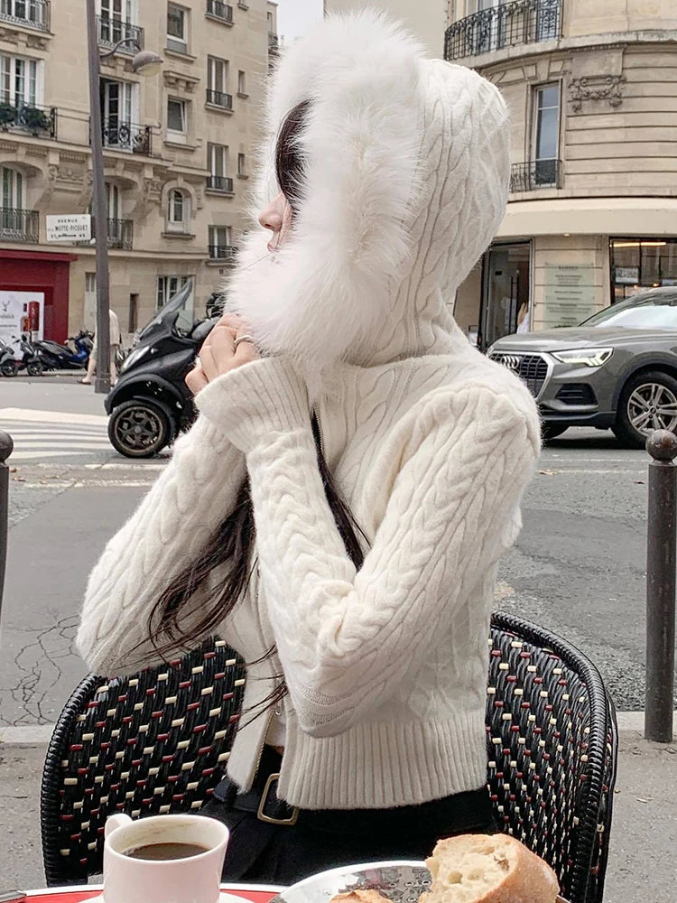 Zip Up Hoodie Coat with Fur Neck