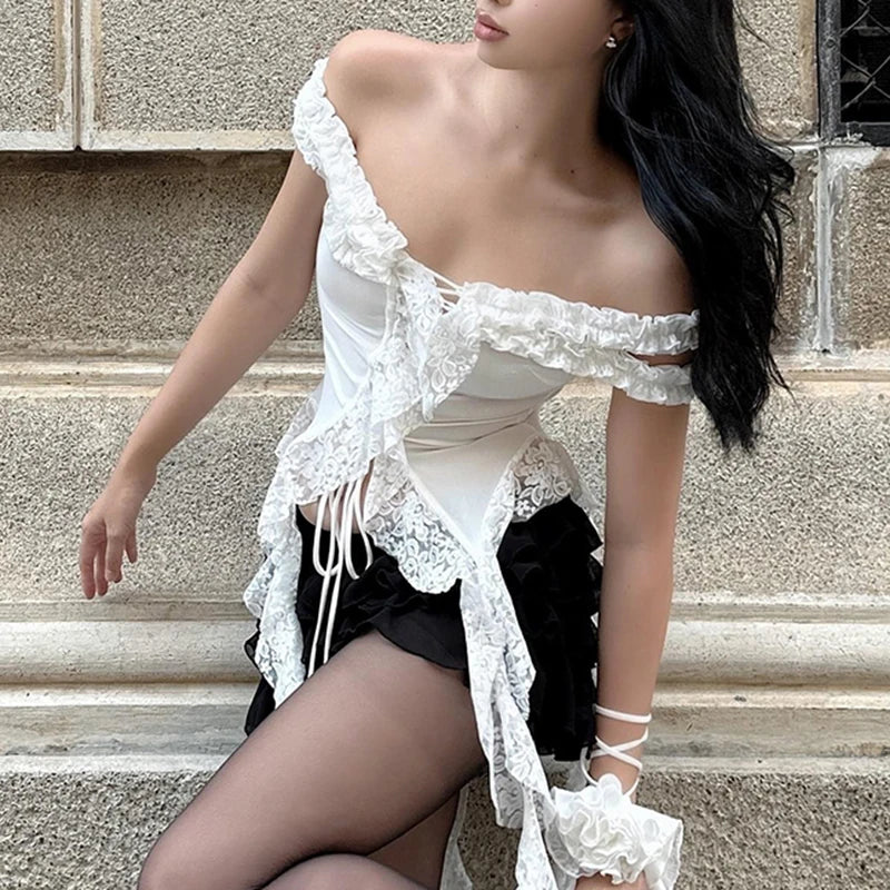 White Floral Lace Ruffle Top