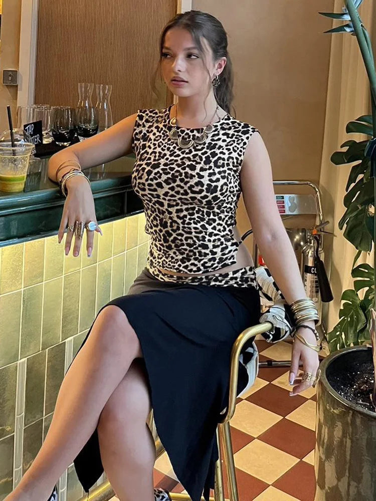 Double Wear Skirt Suit Leopard Lace Up Sleeveless Vest Irregular Splice Skirt Two Pieces Set