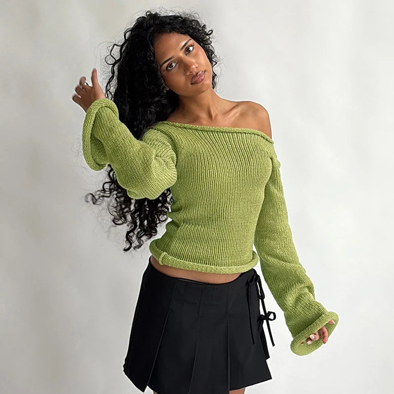 Knit Off Shoulder Slim Long Bell Sleeve Sweater