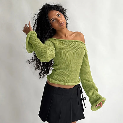 Knit Off Shoulder Slim Long Bell Sleeve Sweater