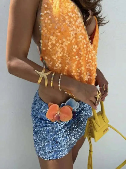 Deep V-neck Green Sequins Halter Top Orange