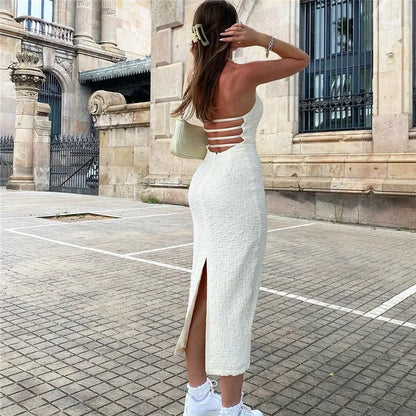 White Knit Backless Slim Midi Dress