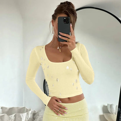 Knit Square Collar Long Sleeve Slim Water Droplets Diamond Top