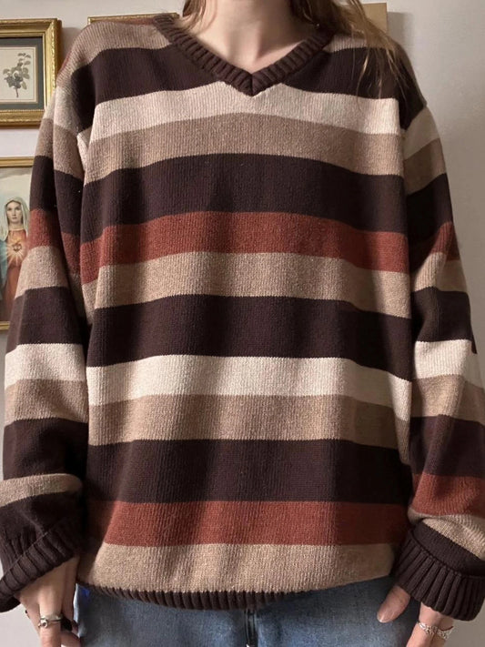Retro V-neck Striped Sweaters Loose Pullovers Top