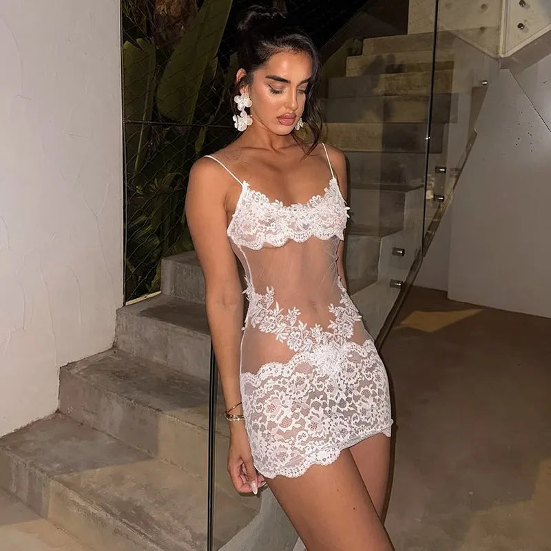 See Through Lace Mesh Backless Mini Dress