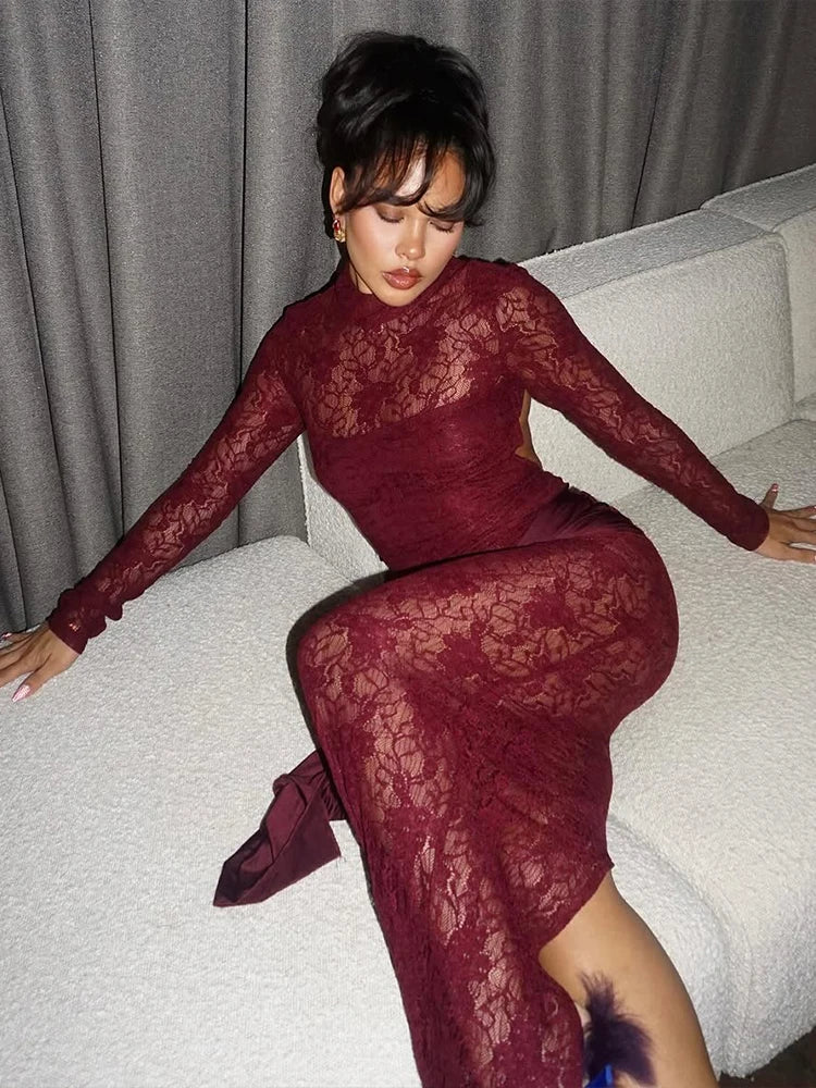 Burgundy Long Sleeves Backless See Through Maxi Dress