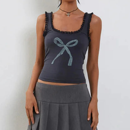Bow Print Sweet Camisole with Lacework and Square Collar