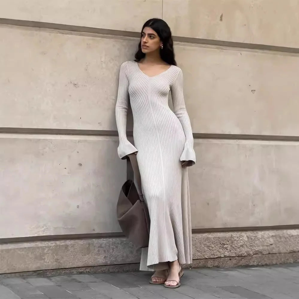 V-Neck Ribbed Knit Dress Patchwork Ruffled Slim High Waist Long Sleeve Bodycon Dress Knit Vintage Maxi Dress