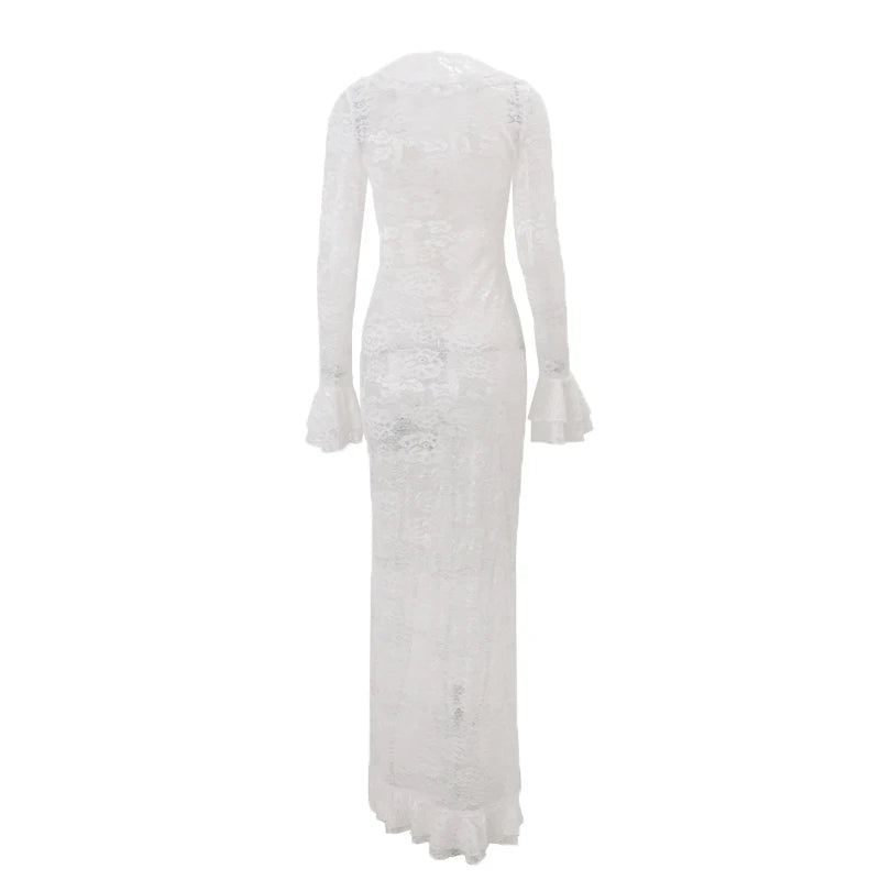 White Lace Ruffle Chiffon V-Neck Slit Long Dress