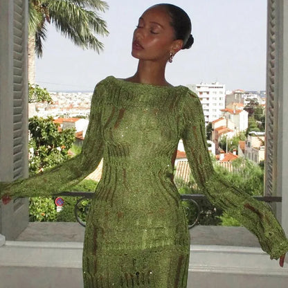 Green Knitted Backless Maxi Dress