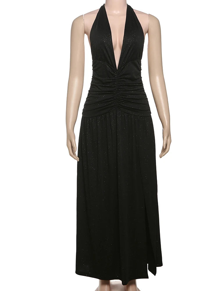 Halter Tael Dress Sequin Pleated Side Slit Solid