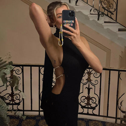 Elegant Halter Backless Dress with Pearl Strap