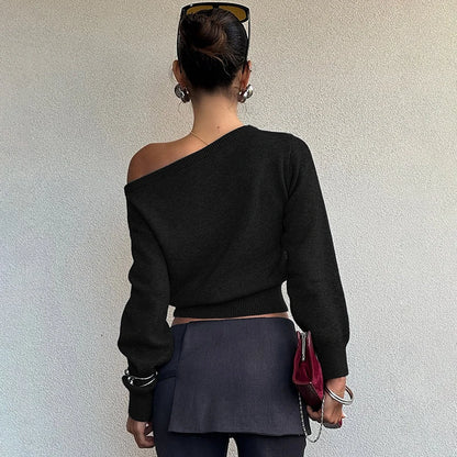 Inclined Shoulder Long Sleeve Slim Sweater