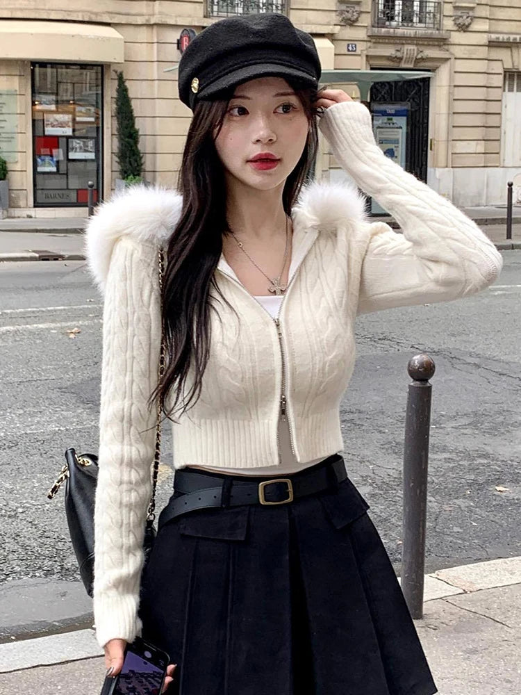 Zip Up Hoodie Coat with Fur Neck