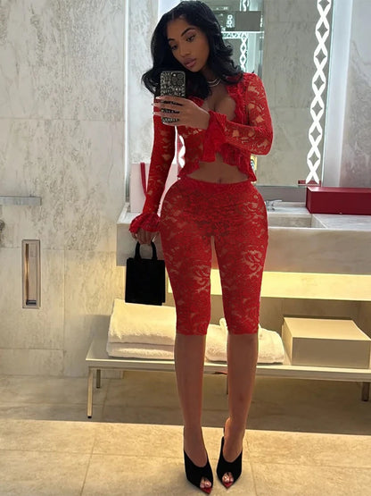 Lace Coquette Matching Shorts Set Red