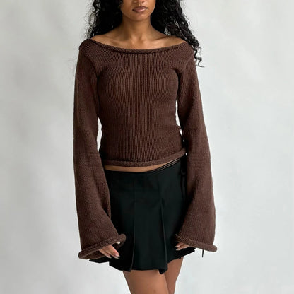 Knit Off Shoulder Slim Long Bell Sleeve Sweater