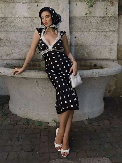 Black Backless Polka Dot Ruched Bodycon Midi Dress