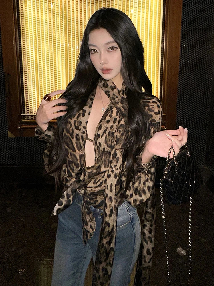Leopard Chiffon Halter Long Sleeve Shirt