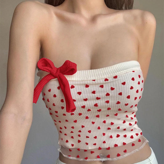 Red Strapless Polka Dot Lace Crop Top