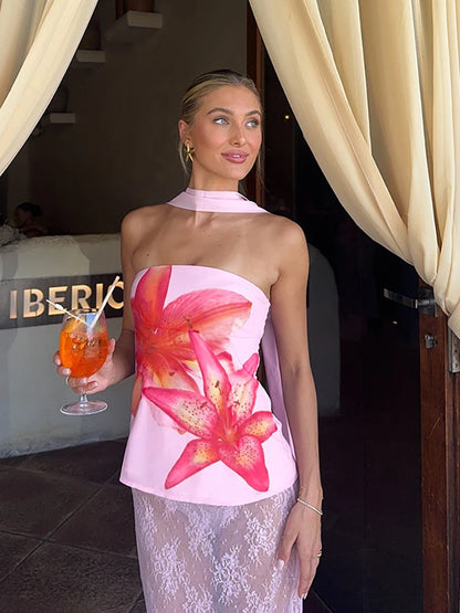 Pink Strapless Ribbon Tank Top - Backless Halter Style Pink