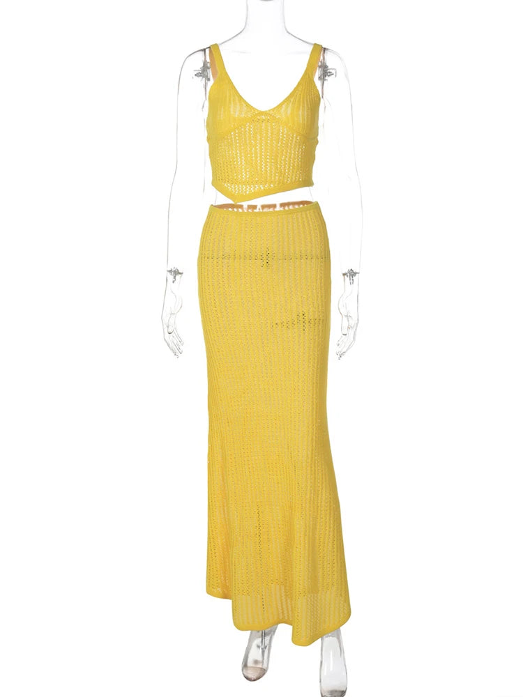 Hollow Knit Skirt Suit V Neck Navel Expose Top Long Skirt See Through Crochet Dress Set