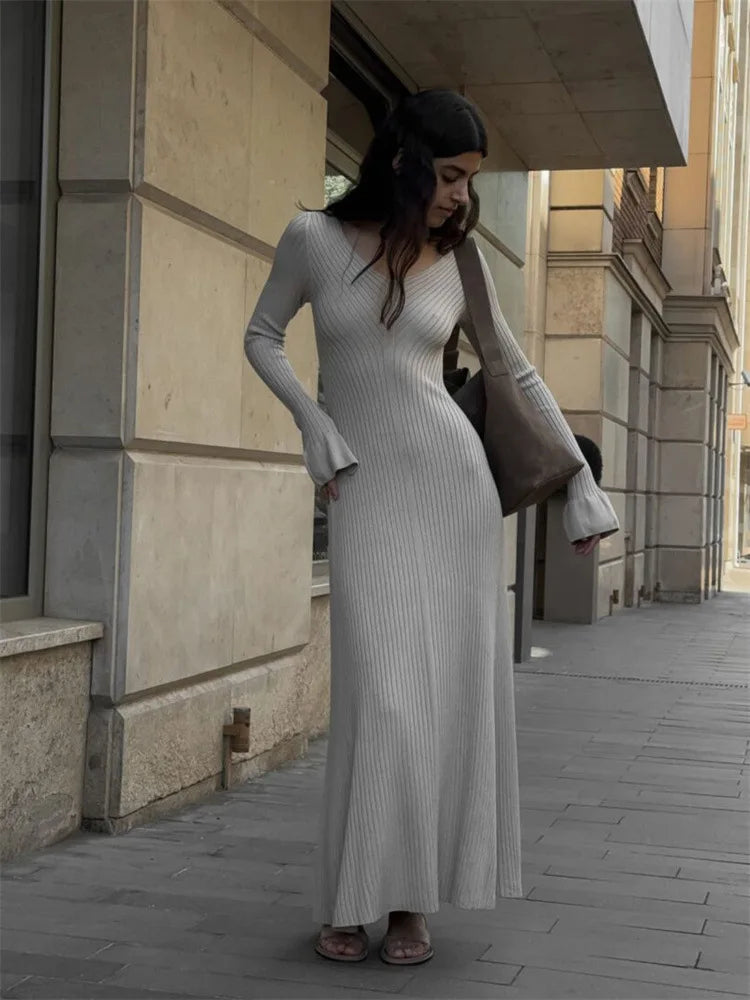 V-Neck Ribbed Knit Dress Patchwork Ruffled Slim High Waist Long Sleeve Bodycon Dress Knit Vintage Maxi Dress