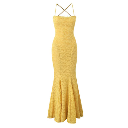 Square Neck Backless Suspender Dress with Fish Tail