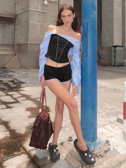 Lace Up Corset Shorts Two Piece Set