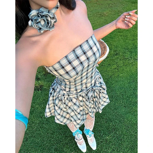 Green Off Shoulder Plaid Mini Dress