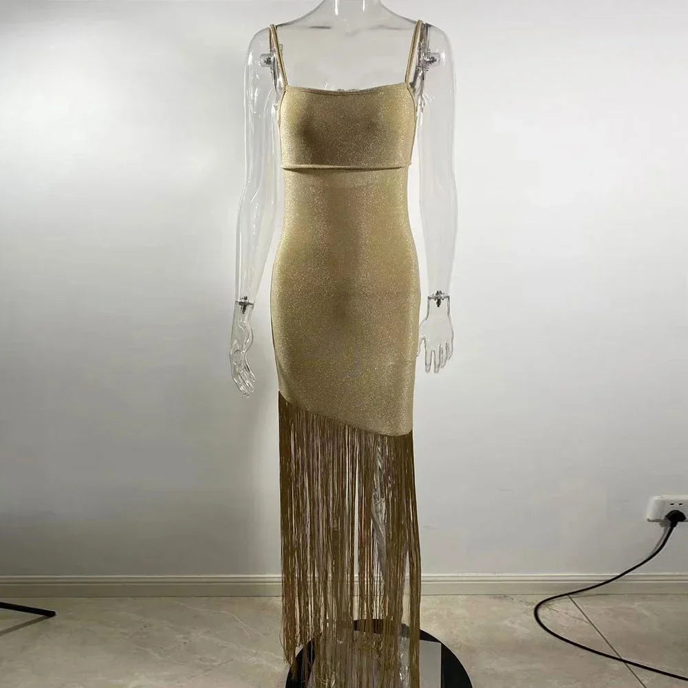 Shiny Tassel Bodycon Maxi Dress Backless Sleeveless Gown Long Dress