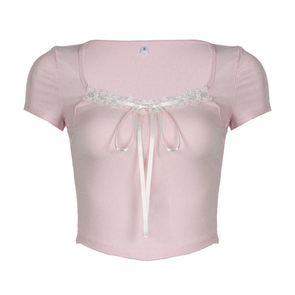 Lace Patchwork Pink Tee Shirt - Short Sleeves & Lace-Up