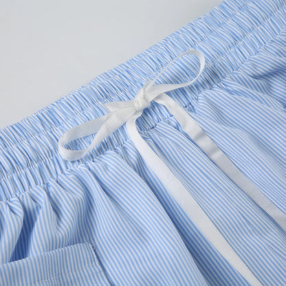 Loose Striped Print Shorts with Pockets & Lace-up Detail