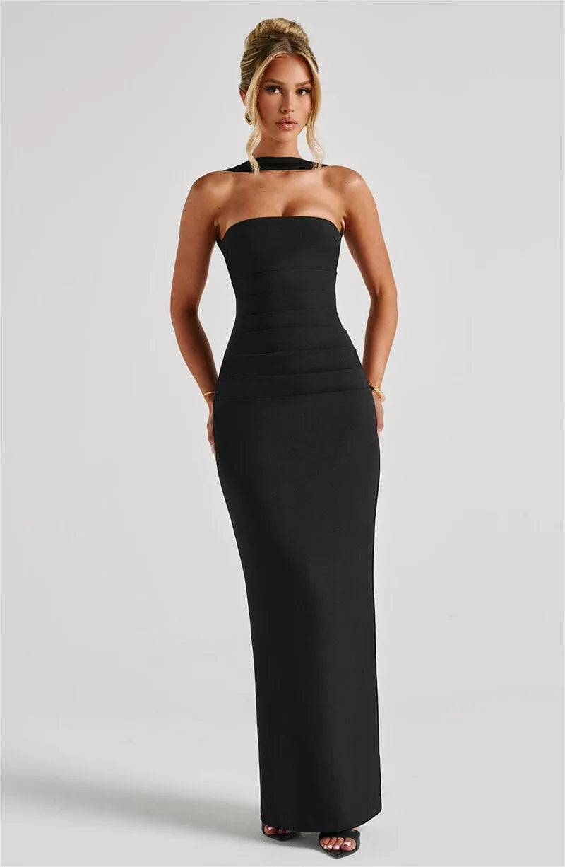 Scarf Collar Backless Bodycon Maxi Dress