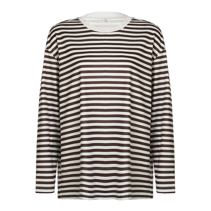 Overiz Striped Crewneck Long Sleeve Top Brown
