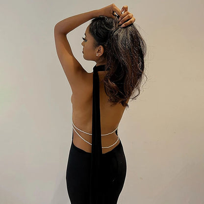Elegant Halter Backless Dress with Pearl Strap