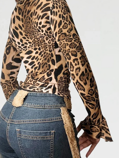 Leopard V-Neck Ruched Long Sleeve Top