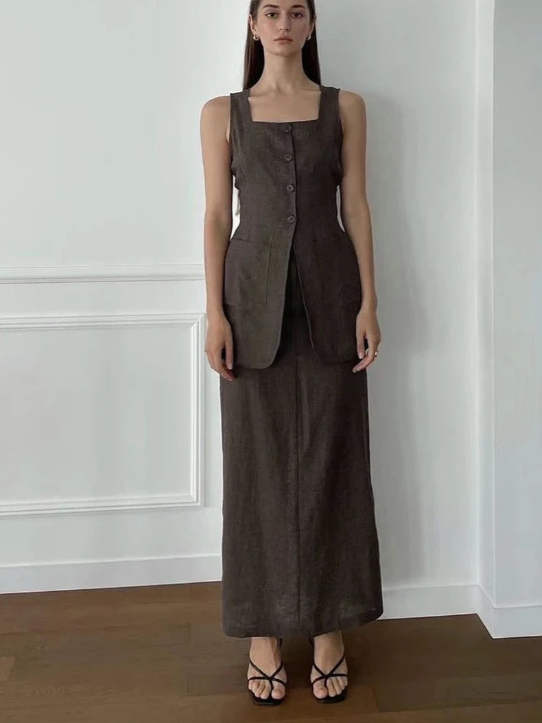 Slim Cotton Two Piece Set Brown