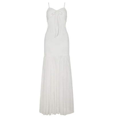 Hollow Out Patchwork Mesh Slim V-Neck Maxi Dress WHITE