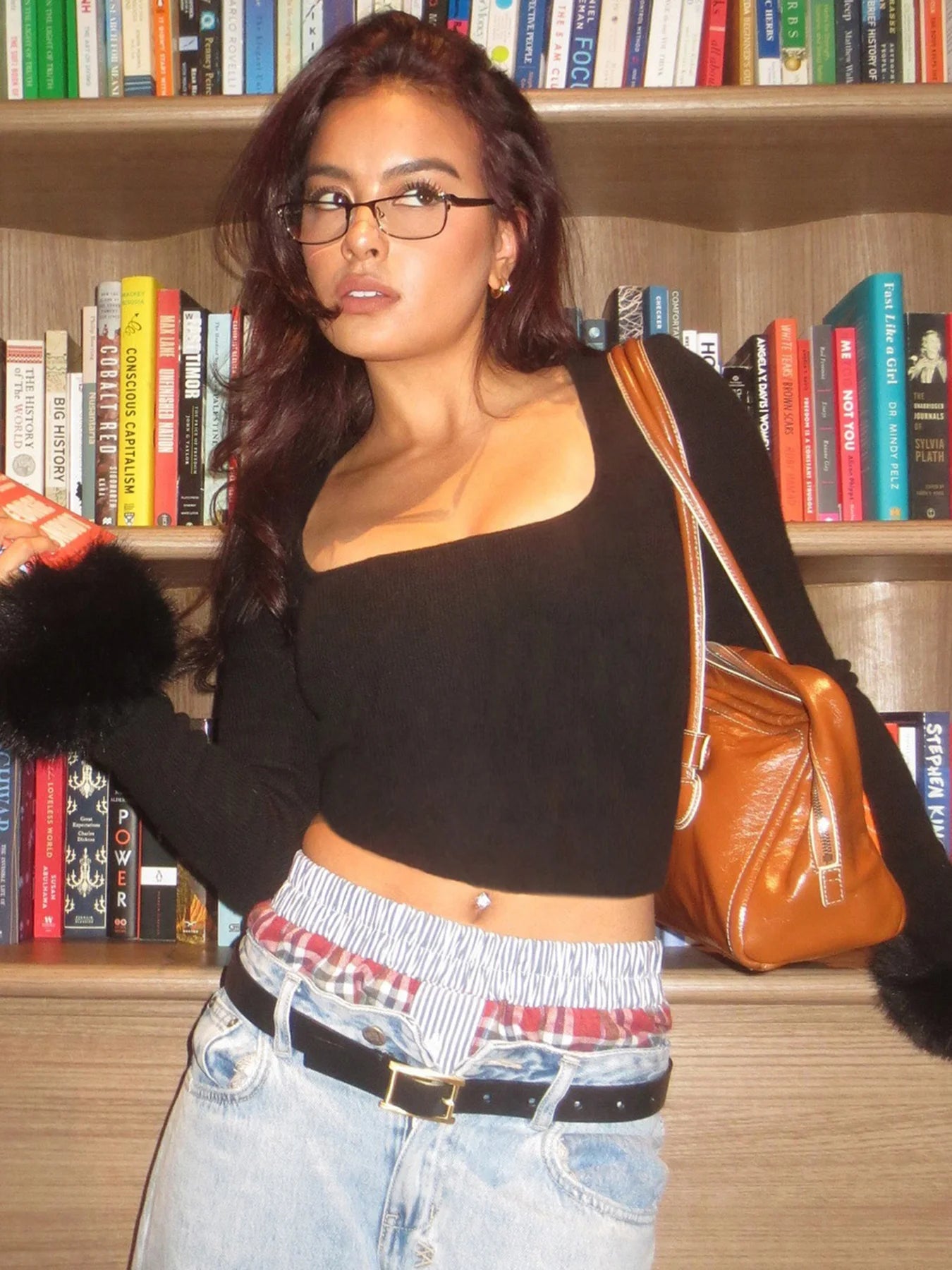 Square Collar Tee Shirts Crop Top Long Sleeves Fur Cuff Slim Kintted
