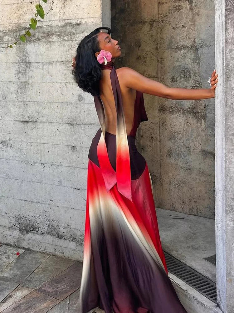 Contrat Patchwork Maxi Dress Halter Deep V-neck Backless Long
