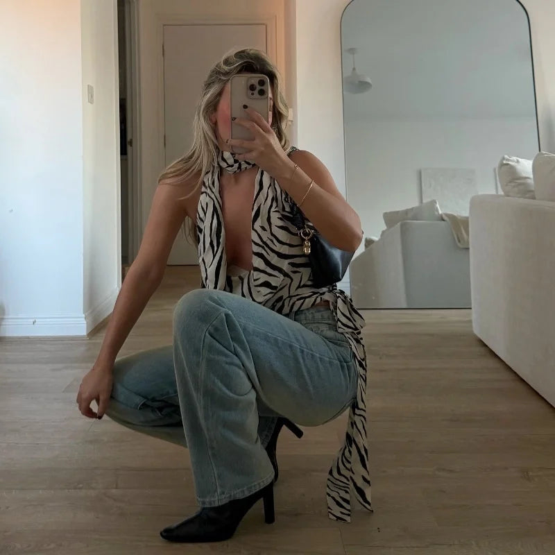 Zebra Swinging Collar Hollow Out Halter Top