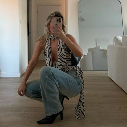 Zebra Swinging Collar Hollow Out Halter Top