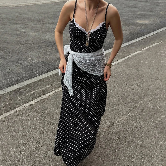 Black Polka Dot V-Neck Lace Slim Midi Dress