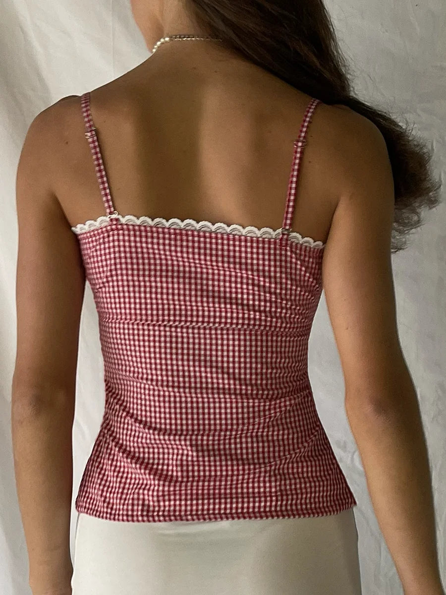 Plaid Lace Backless Slim Tank Top