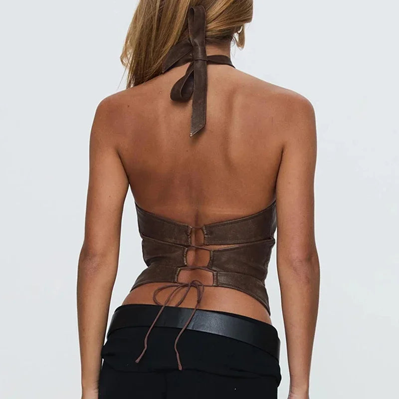Leather Backless Halter Top