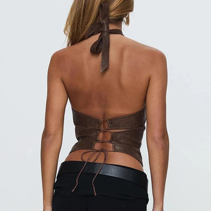 Leather Backless Halter Top