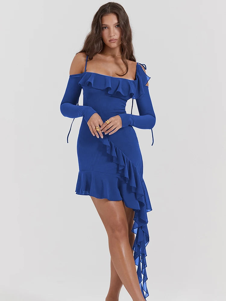 Strap One Line Neck Double Layer Long Sleeve Dress Slim Fit Ruffles Irregular Mini Dress