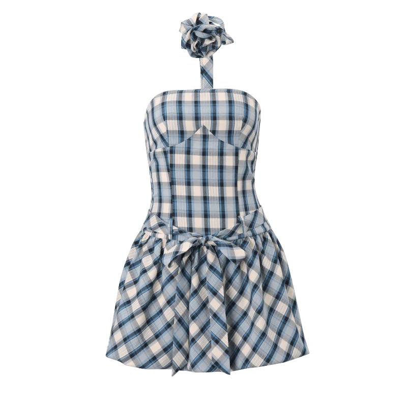 Green Off Shoulder Plaid Mini Dress
