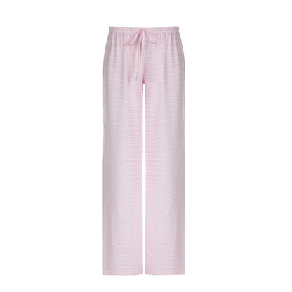 Chic Striped Print Loose Fit Lace-up Trousers Pink